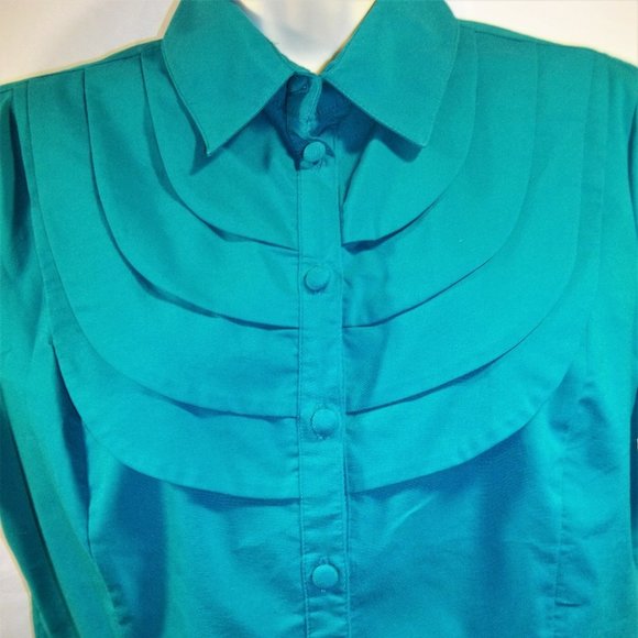 Worthington Stretch Womens Top Blouse Size Medium Button Front Pleated Teal - Picture 3 of 5